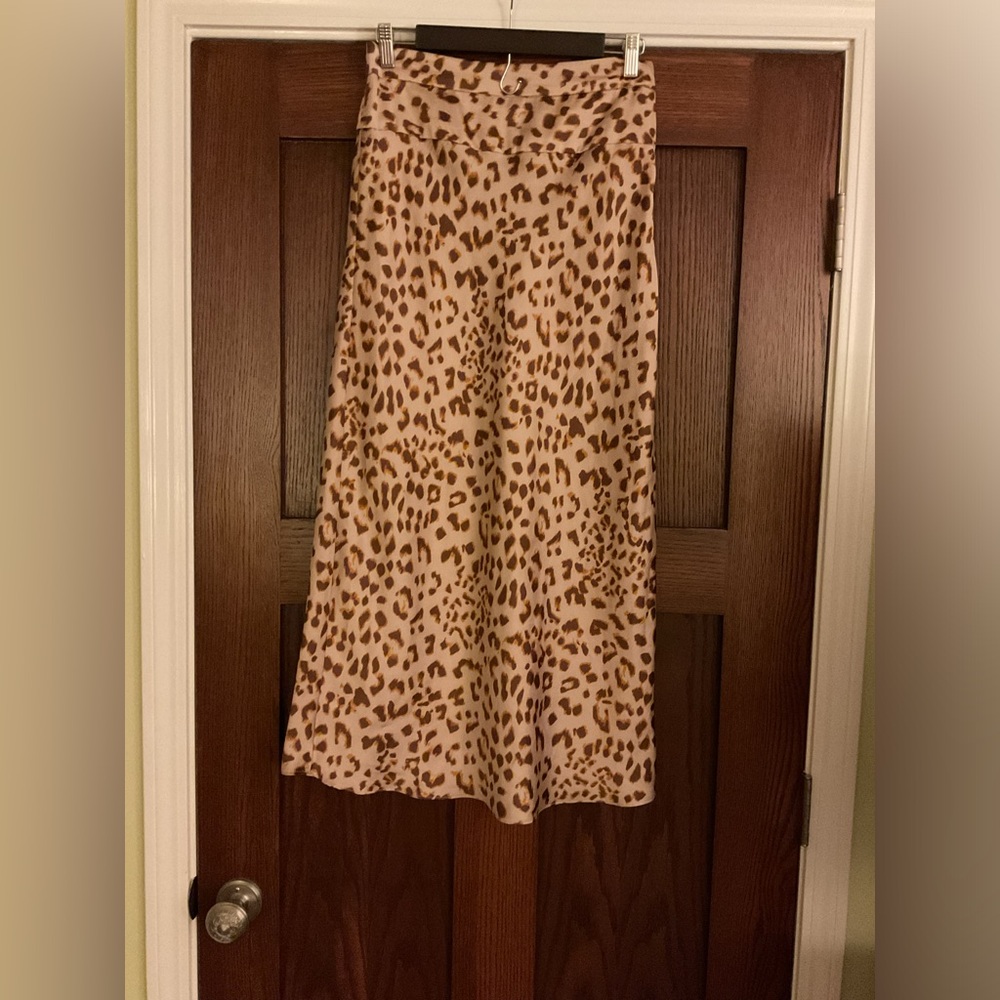 Free People Leopard Print Satin Midi Skirt Size 6 Neutral Boho Chic